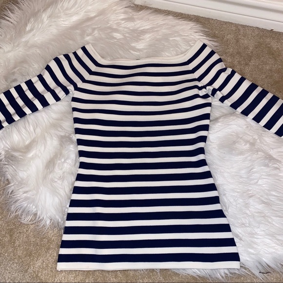 NWT H&M Navy & White Classic Striped Bardot Fitted Top Small - Picture 7 of 14